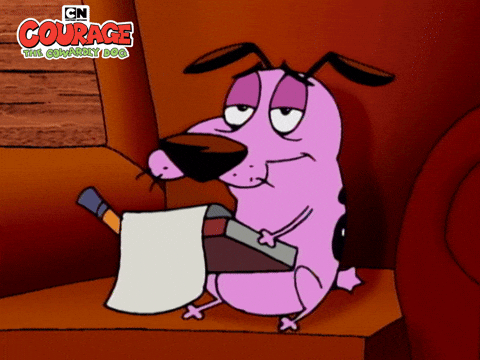 Courage, a pink dog with black ears, writes on a notepad while smiling